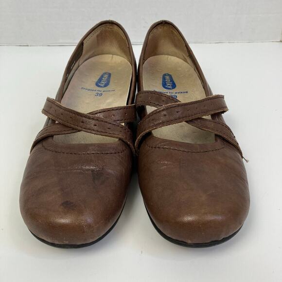Wolky Cusani Cross Strap Mary Jane Flats Hidden Wedge Brown Wrinkled Leather 39 - Picture 1 of 16